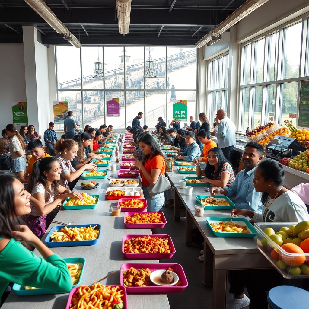 A vibrant cafeteria scene filled with diverse students enjoying their meals