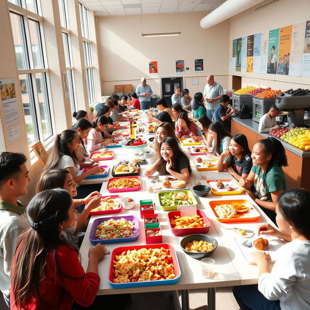 A vibrant cafeteria scene filled with diverse students enjoying their meals