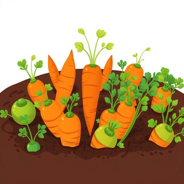 A vibrant and colorful illustration of a carrot bed, showcasing an array of plump, green tops of carrots peeking out from rich, dark soil