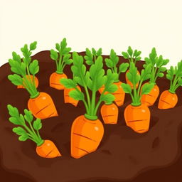 A vibrant and colorful illustration of a carrot bed, showcasing an array of plump, green tops of carrots peeking out from rich, dark soil