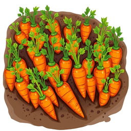 A vibrant and colorful illustration of a carrot bed, showcasing an array of plump, green tops of carrots peeking out from rich, dark soil