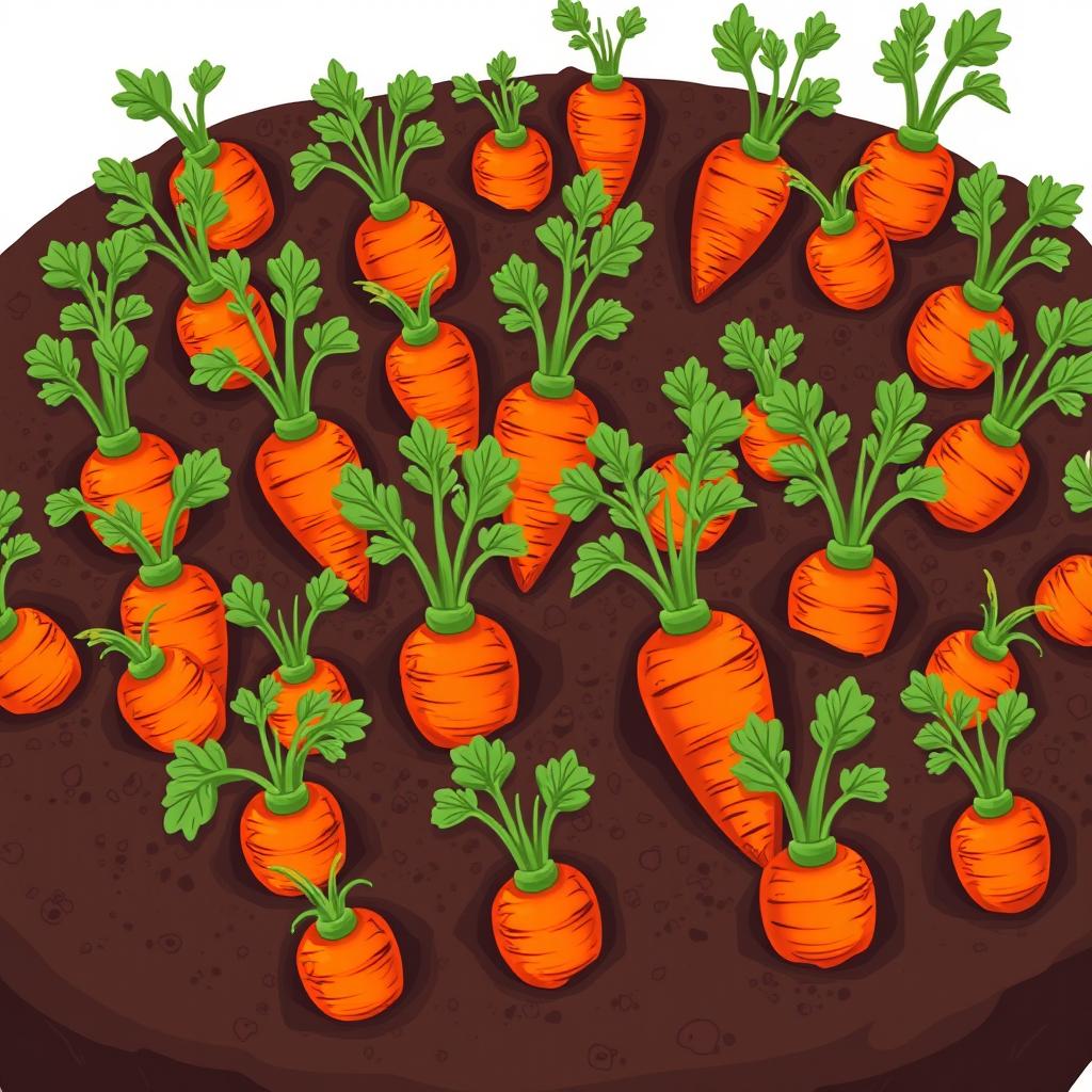 A vibrant and colorful illustration of a carrot bed, showcasing an array of plump, green tops of carrots peeking out from rich, dark soil
