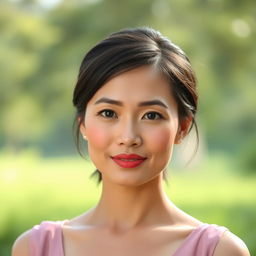 A 35-year-old Vietnamese woman with a neat hairstyle, light skin, a slender figure, and soft facial features