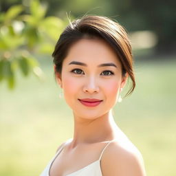 A 35-year-old Vietnamese woman with a neat hairstyle, light skin, a slender figure, and soft facial features