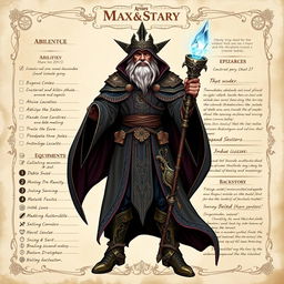 An intricate and detailed Dungeons and Dragons character sheet for a maxed out character, fully filled out with impressive stats and skills