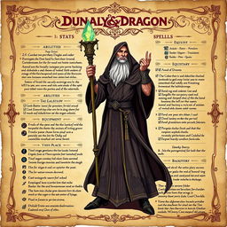 An intricate and detailed Dungeons and Dragons character sheet for a maxed out character, fully filled out with impressive stats and skills