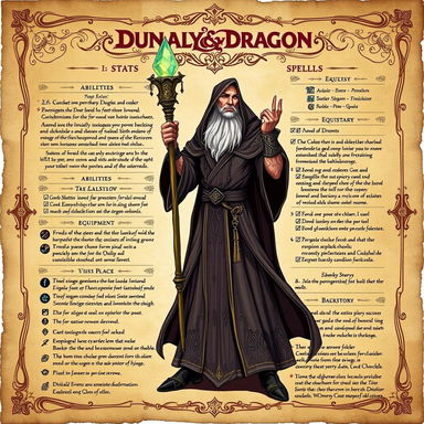 An intricate and detailed Dungeons and Dragons character sheet for a maxed out character, fully filled out with impressive stats and skills
