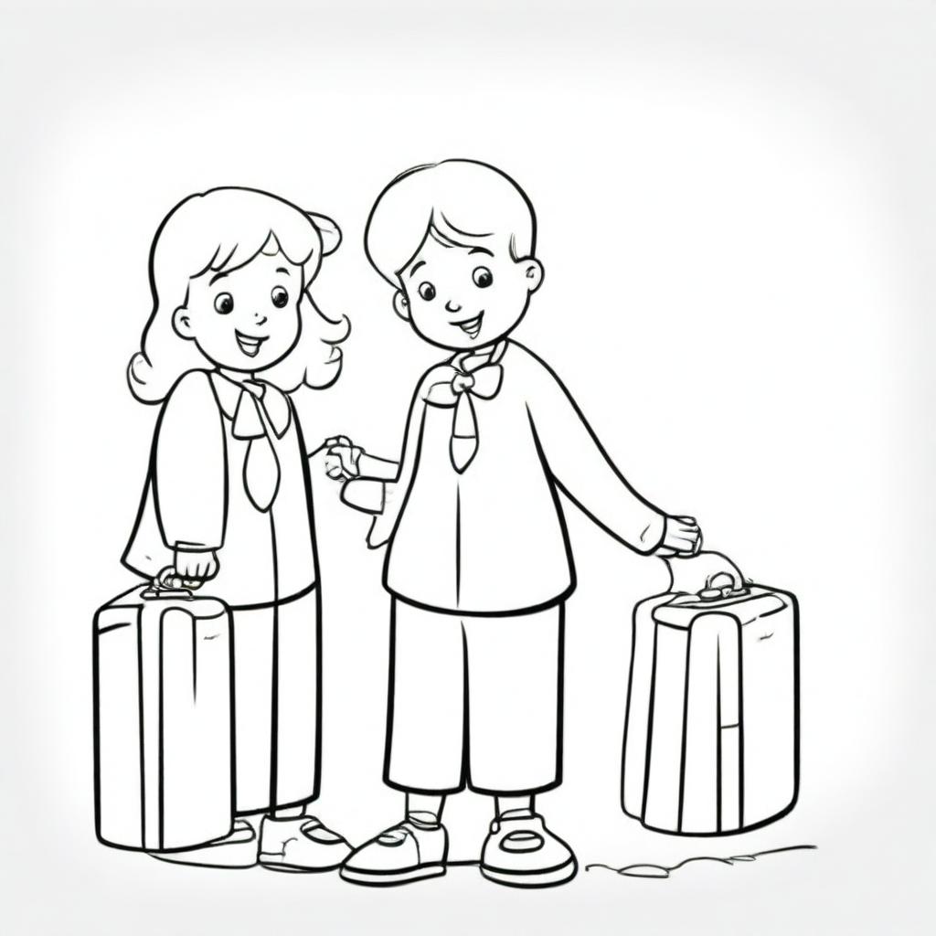 A young boy and girl standing side by side, each holding a suitcase