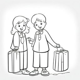 A young boy and girl standing side by side, each holding a suitcase