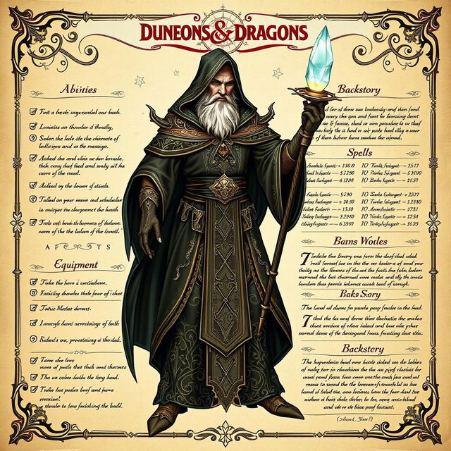 An intricate and detailed Dungeons and Dragons character sheet for a maxed out character, fully filled out with impressive stats and skills