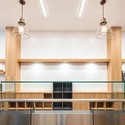 Interior of a pastry shop, showcasing a front view of the glass and stainless steel counter