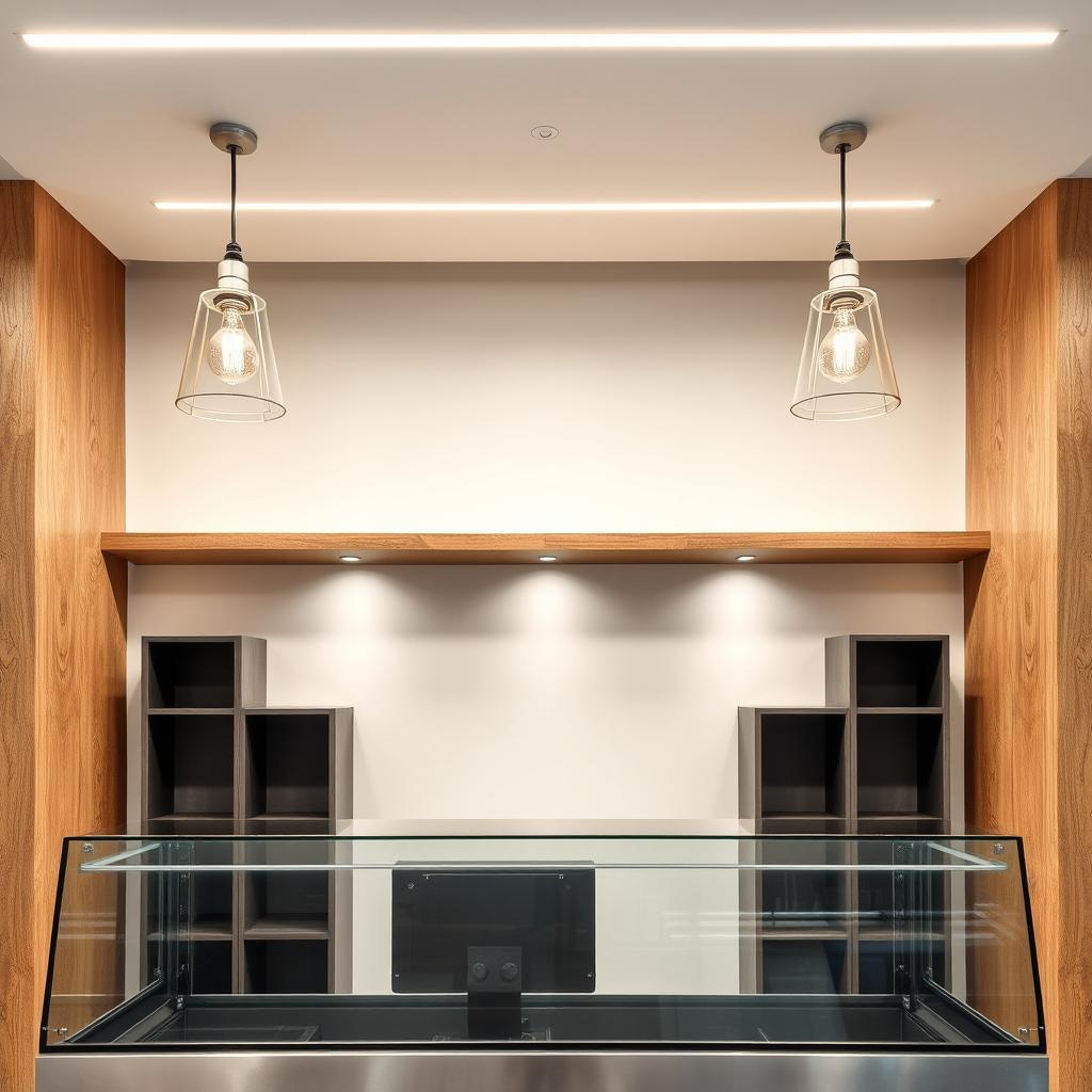 Interior of a pastry shop, showcasing a front view of the glass and stainless steel counter