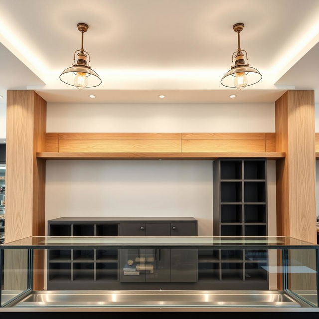 Interior of a pastry shop, showcasing a front view of the glass and stainless steel counter