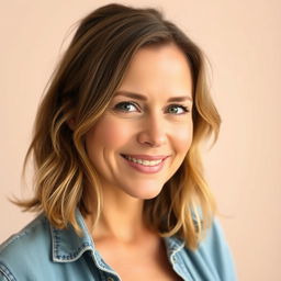 A portrait of a woman aged 35-45 with a warm smile and a soft gaze