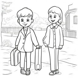 A young boy and girl standing side by side, each holding a suitcase