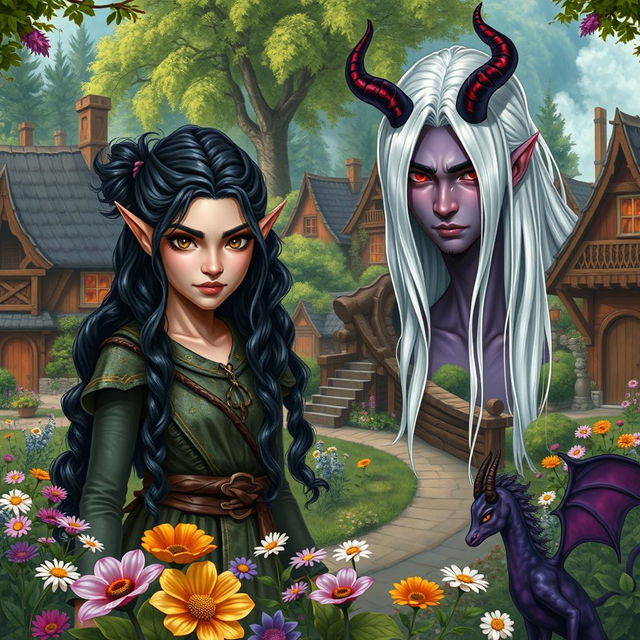 A vibrant fantasy village scene depicting a female druid, a hermit wood elf with fierce brown eyes and long black hair tied up, curly, standing amid lush greenery