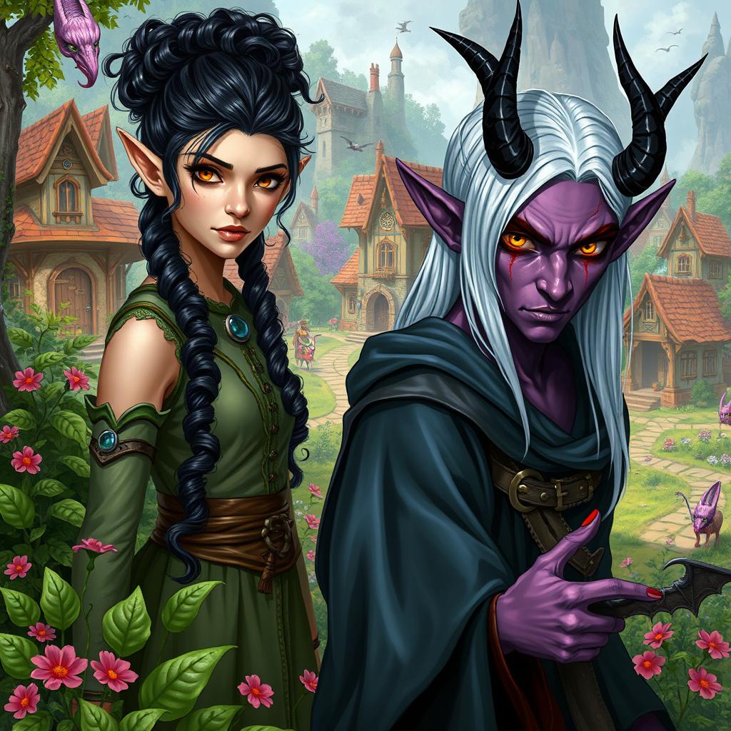 A vibrant fantasy village scene depicting a female druid, a hermit wood elf with fierce brown eyes and long black hair tied up, curly, standing amid lush greenery