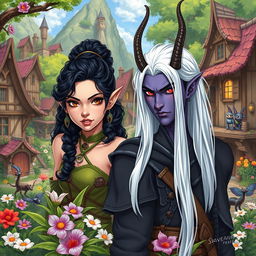 A vibrant fantasy village scene depicting a female druid, a hermit wood elf with fierce brown eyes and long black hair tied up, curly, standing amid lush greenery