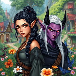 A vibrant fantasy village scene depicting a female druid, a hermit wood elf with fierce brown eyes and long black hair tied up, curly, standing amid lush greenery