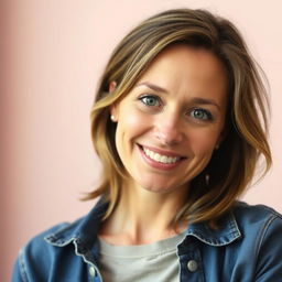 A portrait of a woman aged 35-36 with a warm smile and a soft gaze