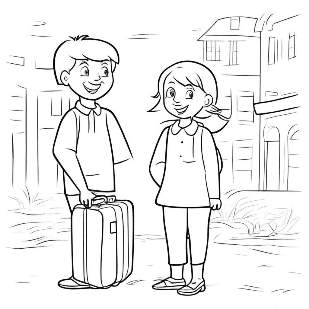 A young boy and girl standing side by side, each holding a suitcase