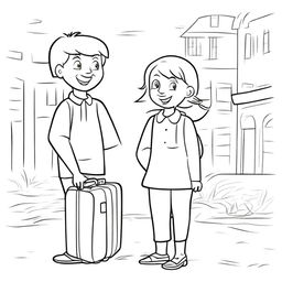 A young boy and girl standing side by side, each holding a suitcase