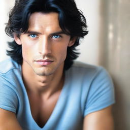 A Spanish man with lush black hair and captivating blue eyes, cast in soft lighting.