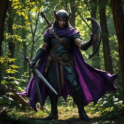 A dark elf ranger standing confidently in a lush forest, wielding a sword in one hand and a crossbow in the other