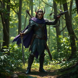 A dark elf ranger standing confidently in a lush forest, wielding a sword in one hand and a crossbow in the other