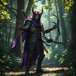 A dark elf ranger standing confidently in a lush forest, wielding a sword in one hand and a crossbow in the other