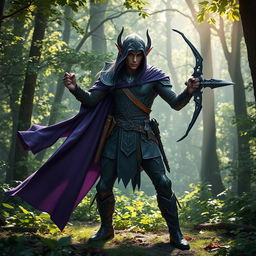 A dark elf ranger standing confidently in a lush forest, wielding a sword in one hand and a crossbow in the other