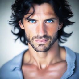 A Spanish man with lush black hair and captivating blue eyes, cast in soft lighting.