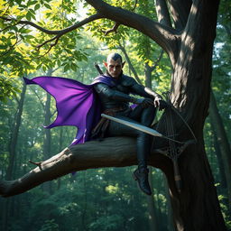 A dark elf ranger sitting gracefully on a sturdy tree branch in a lush forest