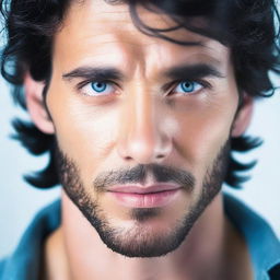 A Spanish man with lush black hair and captivating blue eyes, cast in soft lighting.