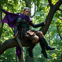 A dark elf ranger sitting gracefully on a sturdy tree branch in a lush forest