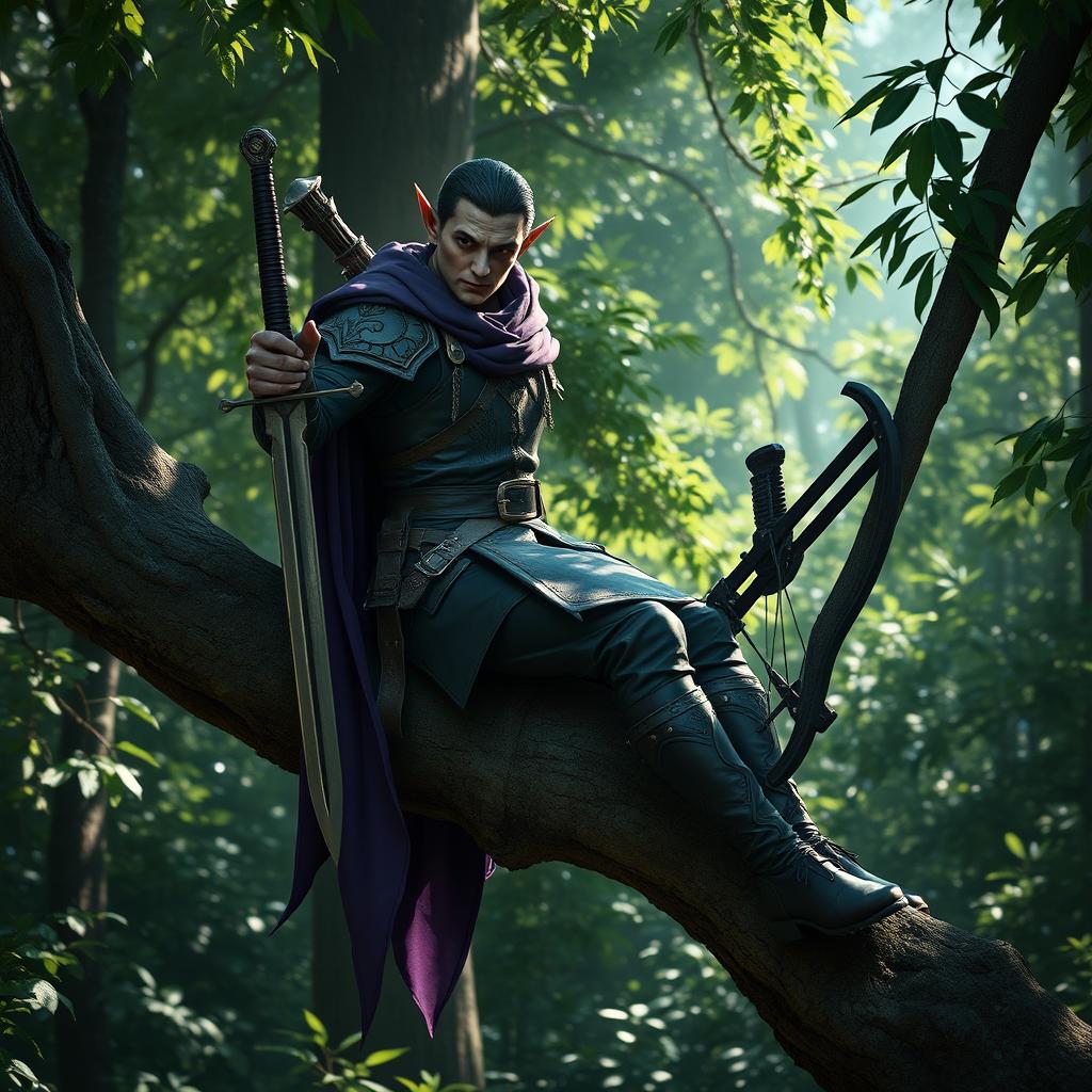 A dark elf ranger sitting gracefully on a sturdy tree branch in a lush forest