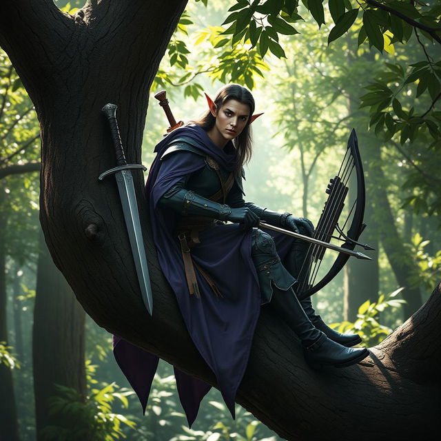 A dark elf ranger sitting gracefully on a sturdy tree branch in a lush forest