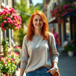 A 35-year-old European woman with striking red hair and charming freckles, dressed in casual everyday clothing, walking down a sunlit street