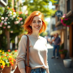 A 35-year-old European woman with striking red hair and charming freckles, dressed in casual everyday clothing, walking down a sunlit street