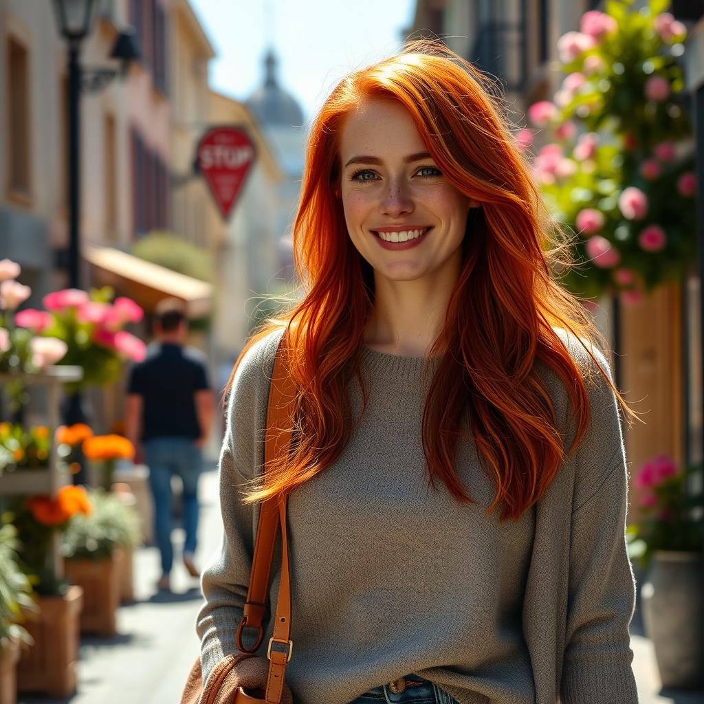 A 35-year-old European woman with striking red hair and charming freckles, dressed in casual everyday clothing, walking down a sunlit street