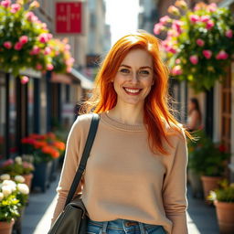A 35-year-old European woman with striking red hair and charming freckles, dressed in casual everyday clothing, walking down a sunlit street