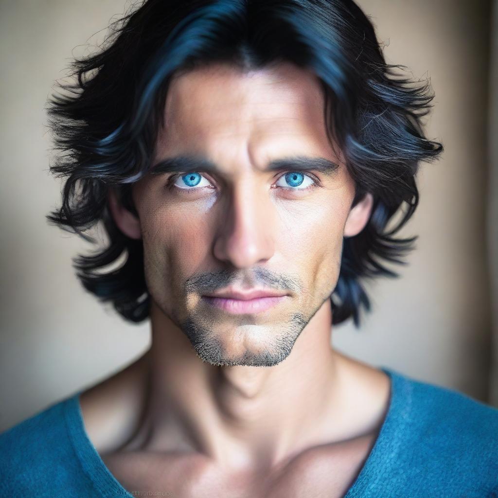 A Spanish man with lush black hair and captivating blue eyes, cast in soft lighting.