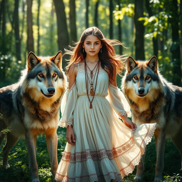 A young woman standing proudly in a lush forest surrounded by two wolves: a fierce, mean-looking wolf with sharp features and intense eyes displaying an imposing presence, and a friendly, gentle wolf with soft fur and warm, inviting eyes