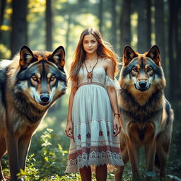 A young woman standing proudly in a lush forest surrounded by two wolves: a fierce, mean-looking wolf with sharp features and intense eyes displaying an imposing presence, and a friendly, gentle wolf with soft fur and warm, inviting eyes