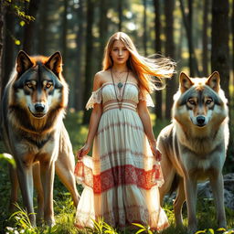 A young woman standing proudly in a lush forest surrounded by two wolves: a fierce, mean-looking wolf with sharp features and intense eyes displaying an imposing presence, and a friendly, gentle wolf with soft fur and warm, inviting eyes