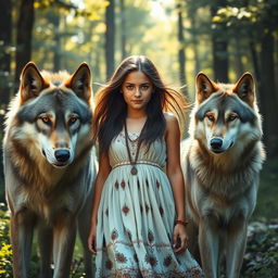 A young woman standing proudly in a lush forest surrounded by two wolves: a fierce, mean-looking wolf with sharp features and intense eyes displaying an imposing presence, and a friendly, gentle wolf with soft fur and warm, inviting eyes