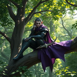 A dark elf ranger sitting thoughtfully on a thick tree branch in a dense, vibrant forest