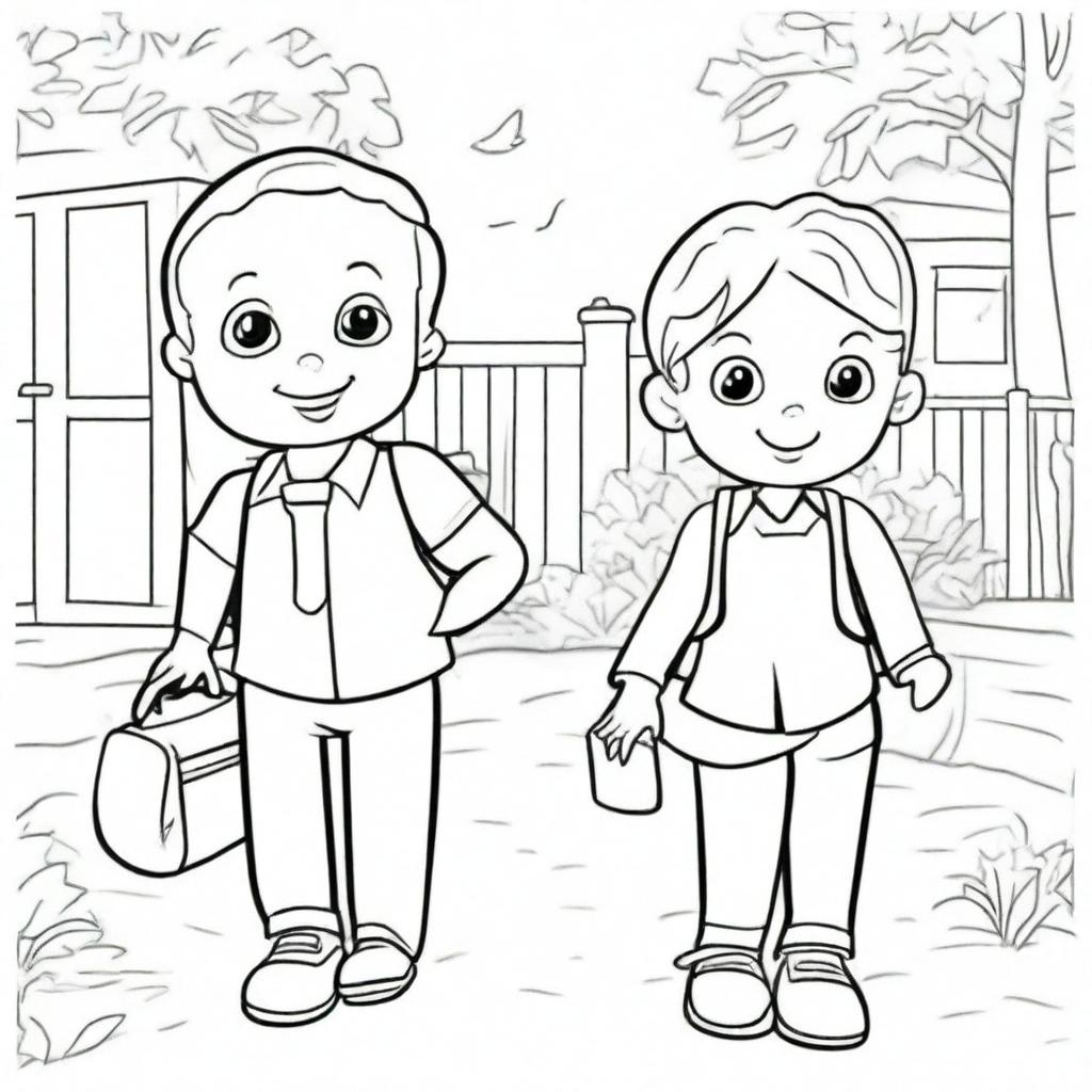 A fun and inclusive colouring book page featuring a boy and a girl each carrying a school bag, ready for a day of learning.