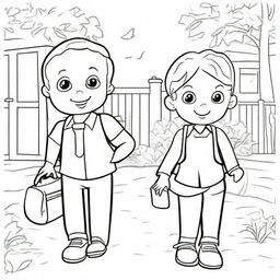 A fun and inclusive colouring book page featuring a boy and a girl each carrying a school bag, ready for a day of learning.