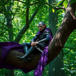 A dark elf ranger sitting thoughtfully on a thick tree branch in a dense, vibrant forest
